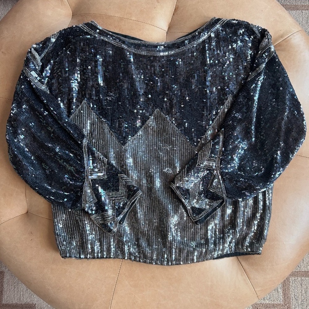 Vintage 100% Silk Sequin Beaded Top Art Deco Indie Sleaze Glam Rock Womens S